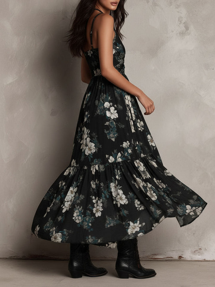 Robe Longue Bohème Fleurie Noire, Bustier Asymétrique