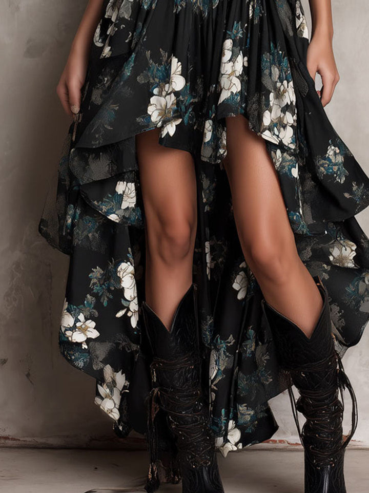Robe Longue Bohème Fleurie Noire, Bustier Asymétrique