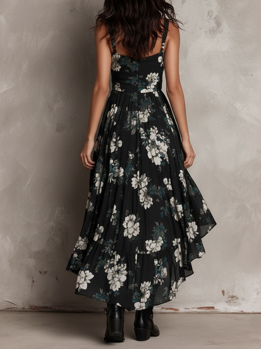 Robe Longue Bohème Fleurie Noire, Bustier Asymétrique