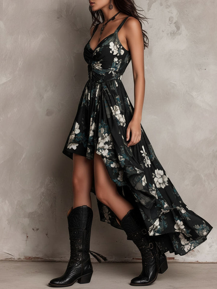Robe Longue Bohème Fleurie Noire, Bustier Asymétrique
