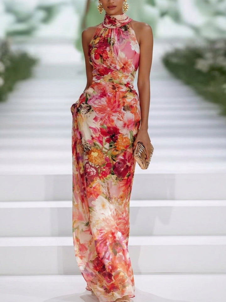 Robe Longue en Mousseline Rouge Fleurie, Col Licou Sans Manches