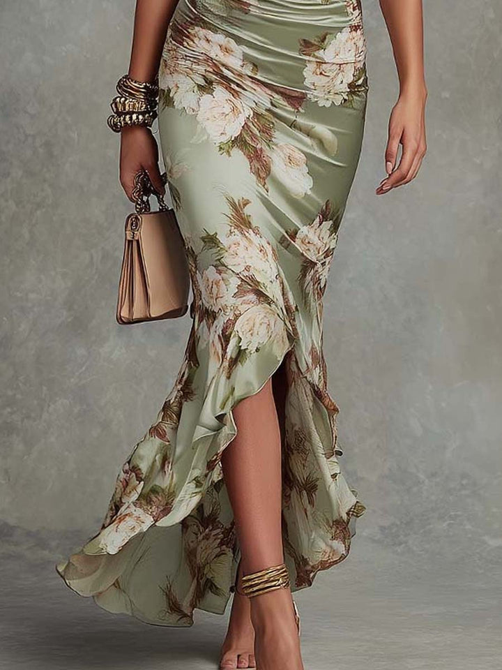 Anna - Robe Longue Asymétrique en Satin Vert à Col en V, Manches Bouffantes Évasées et Motif Floral