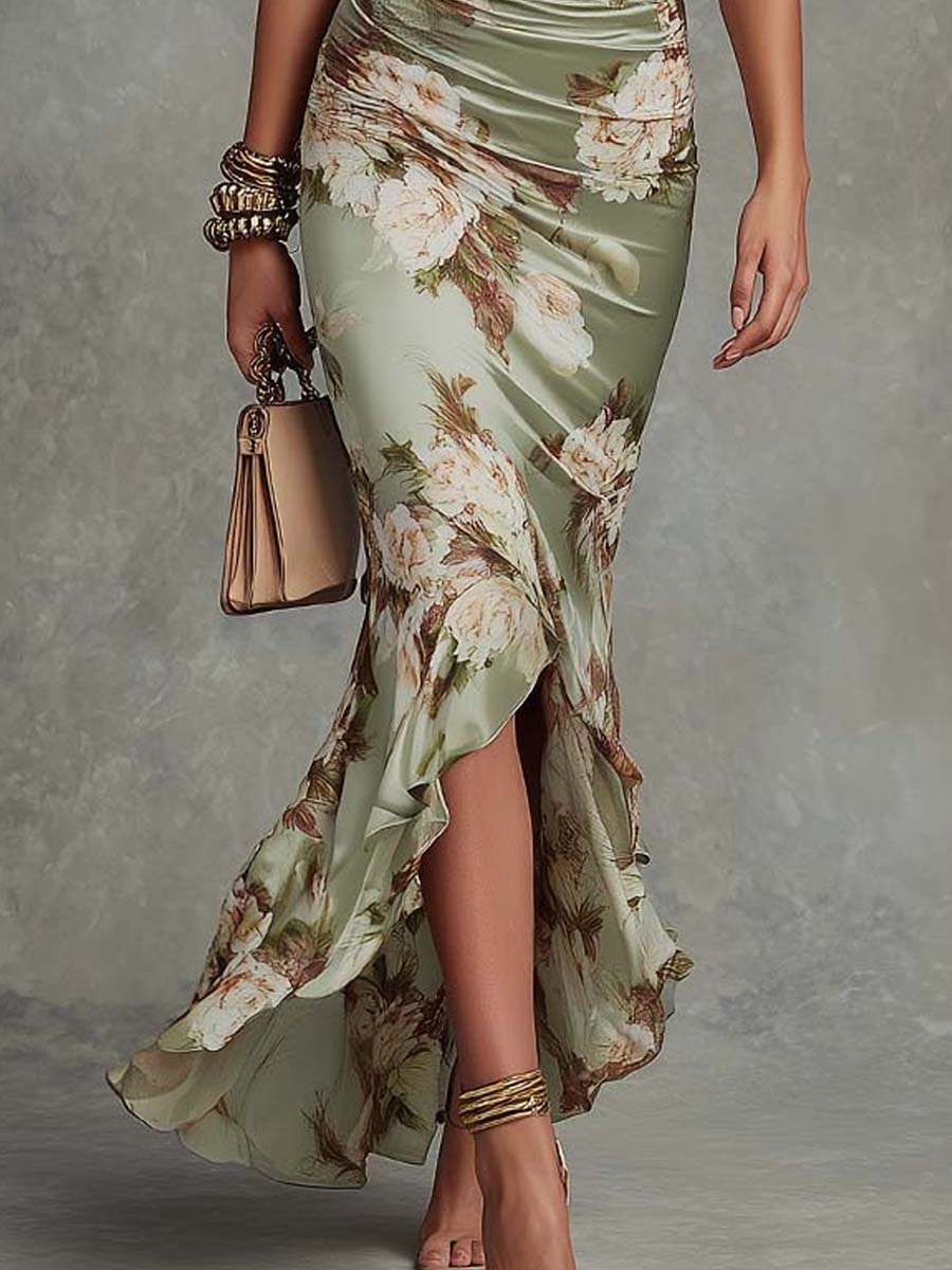Robe Longue Asymétrique en Satin Vert à Fleurs, Manches Volantées Évasées, Col en V