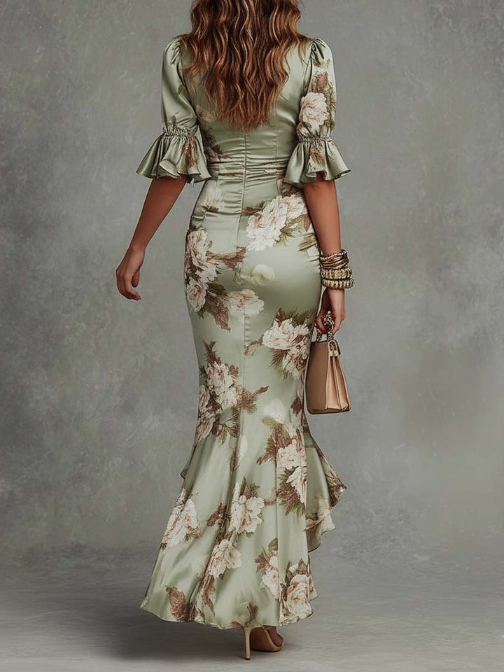 Anna - Robe Longue Asymétrique en Satin Vert à Col en V, Manches Bouffantes Évasées et Motif Floral