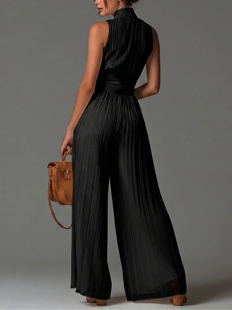 Combinaison Pantalon Large Plissée en Mousseline Noire, Col en V Sans Manches avec Fermeture Éclair