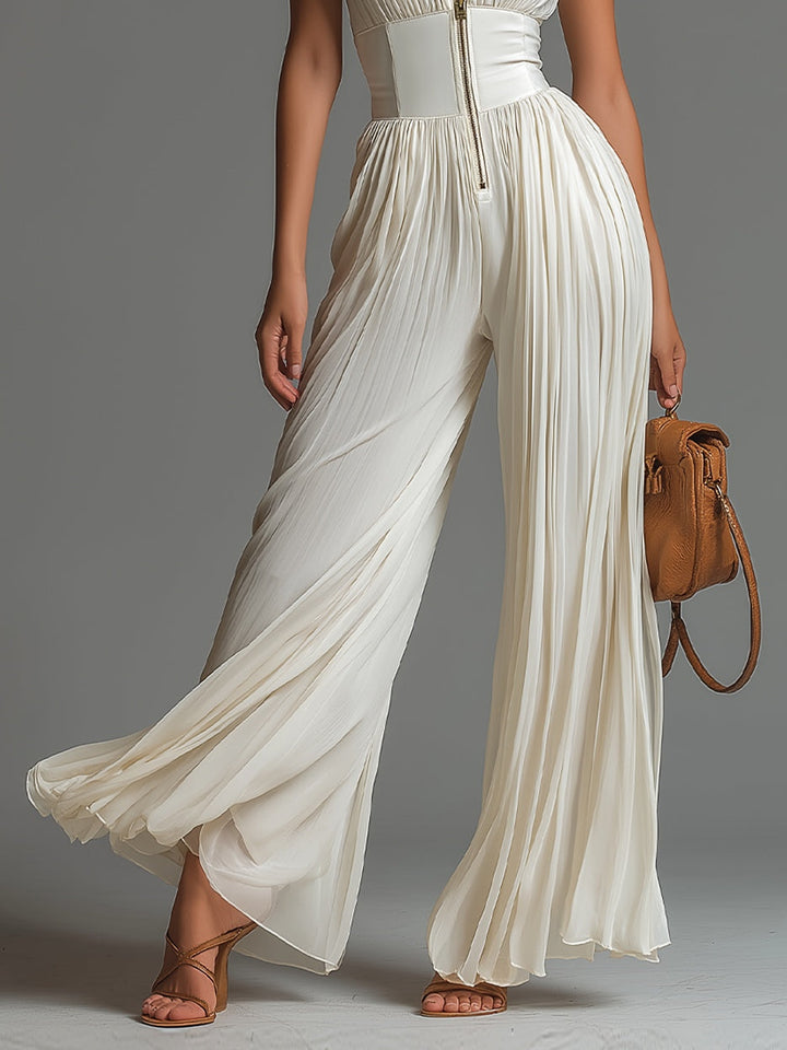 Combinaison Pantalon Large Plissée en Mousseline Blanche, Col en V Sans Manches avec Fermeture Éclair