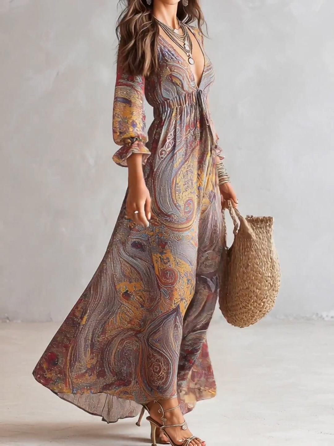 Robe Longue en Mousseline Froncée à Imprimé Cachemire, Col en V