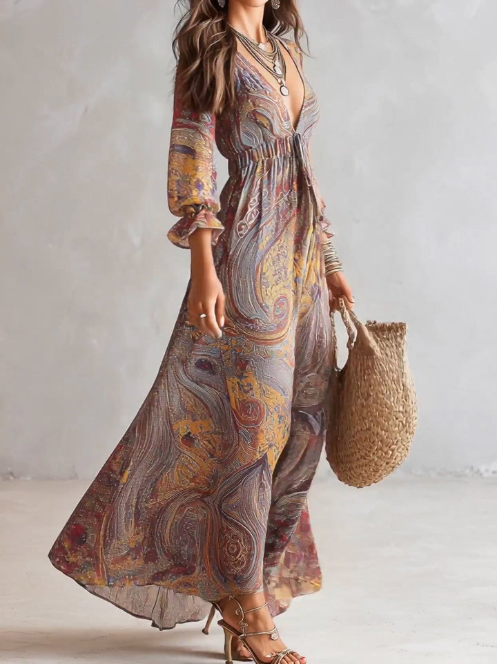Robe Longue en Mousseline Froncée à Imprimé Cachemire, Col en V