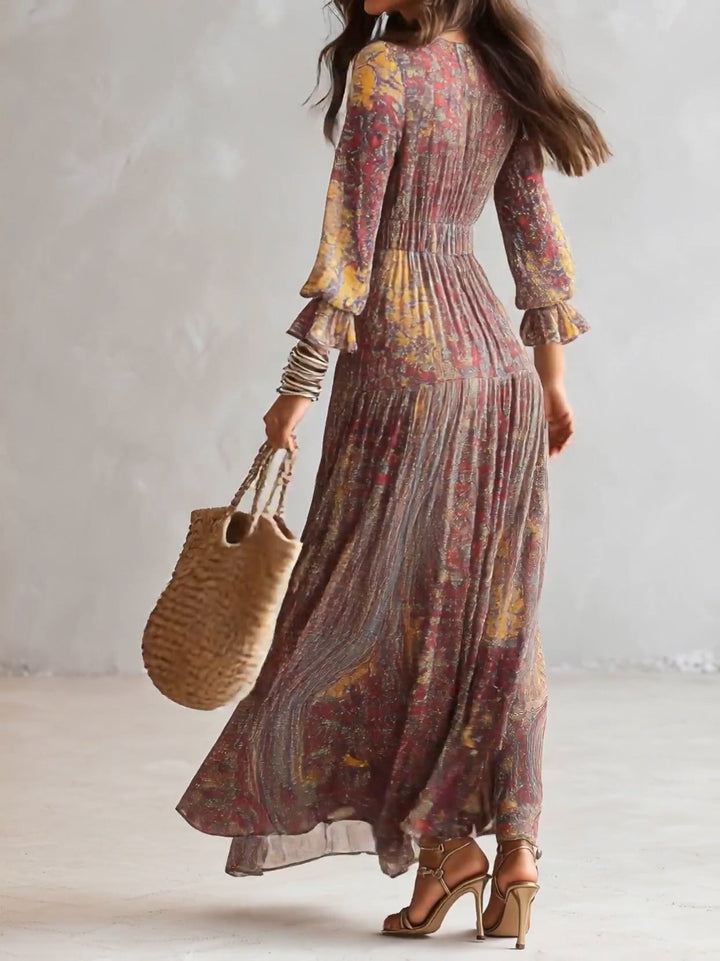 Robe Longue en Mousseline Froncée à Imprimé Cachemire, Col en V