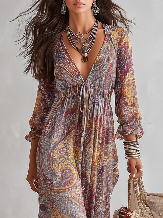 Robe Longue en Mousseline Froncée à Imprimé Cachemire, Col en V