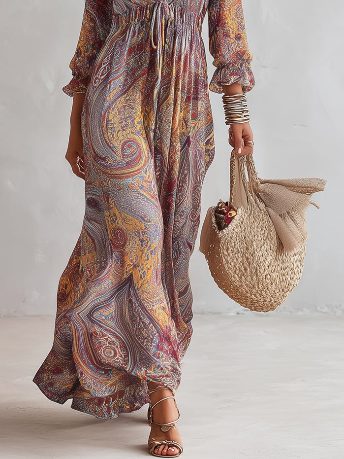 Robe Longue en Mousseline Froncée à Imprimé Cachemire, Col en V
