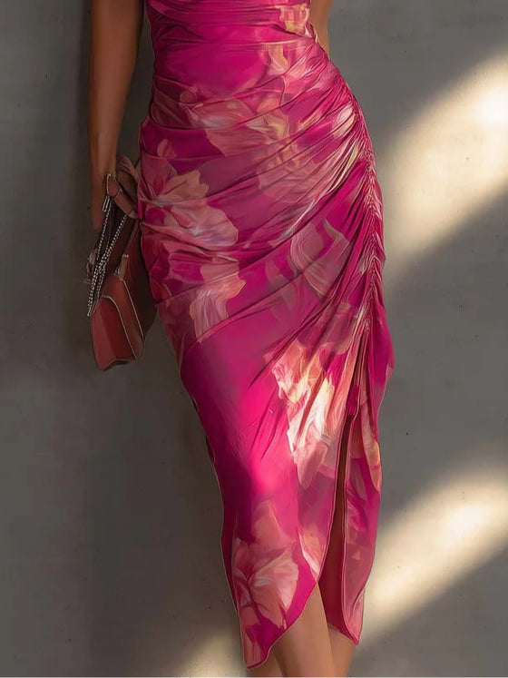 Robe Moulante Fuchsia à Imprimé Floral, Sans Manches, Froncée, Fendue sur le Côté