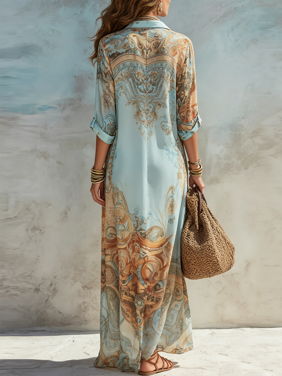 Robe Longue Chemise Bleue à Imprimé Floral, Esprit Vacances