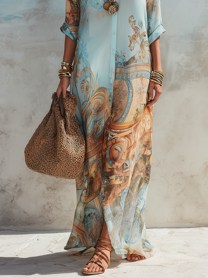 Robe Longue Chemise Bleue à Imprimé Floral, Esprit Vacances