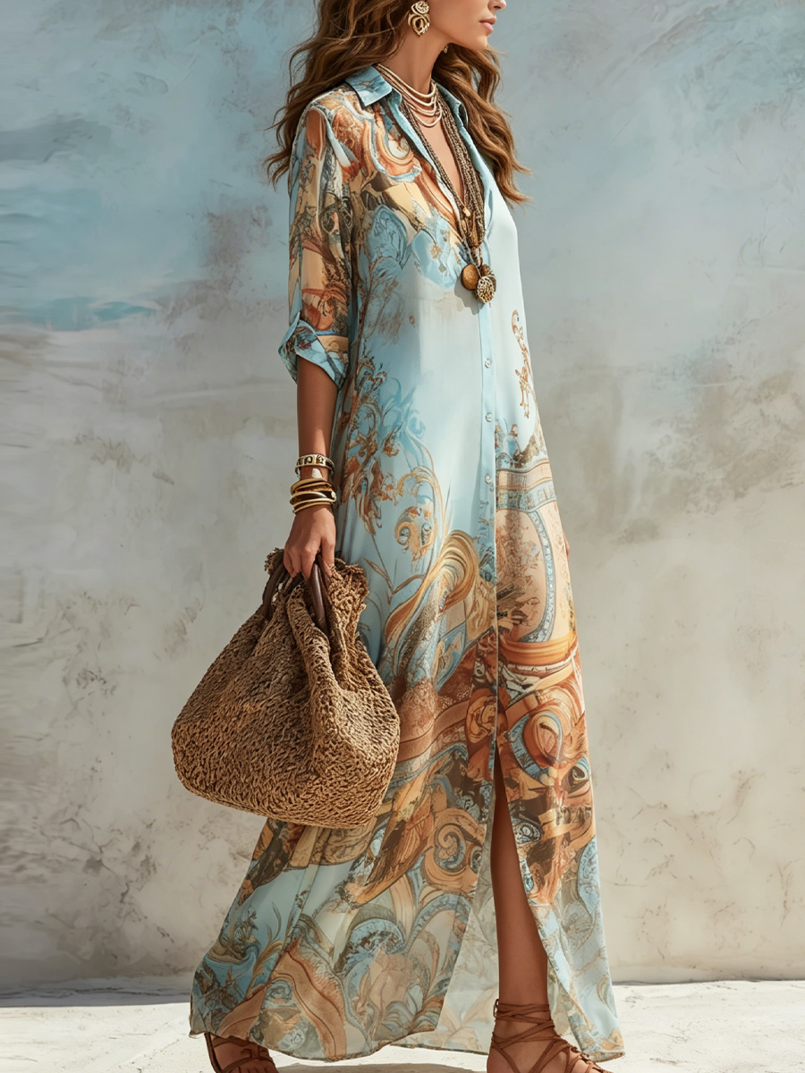 Robe Longue Chemise Bleue à Imprimé Floral, Esprit Vacances