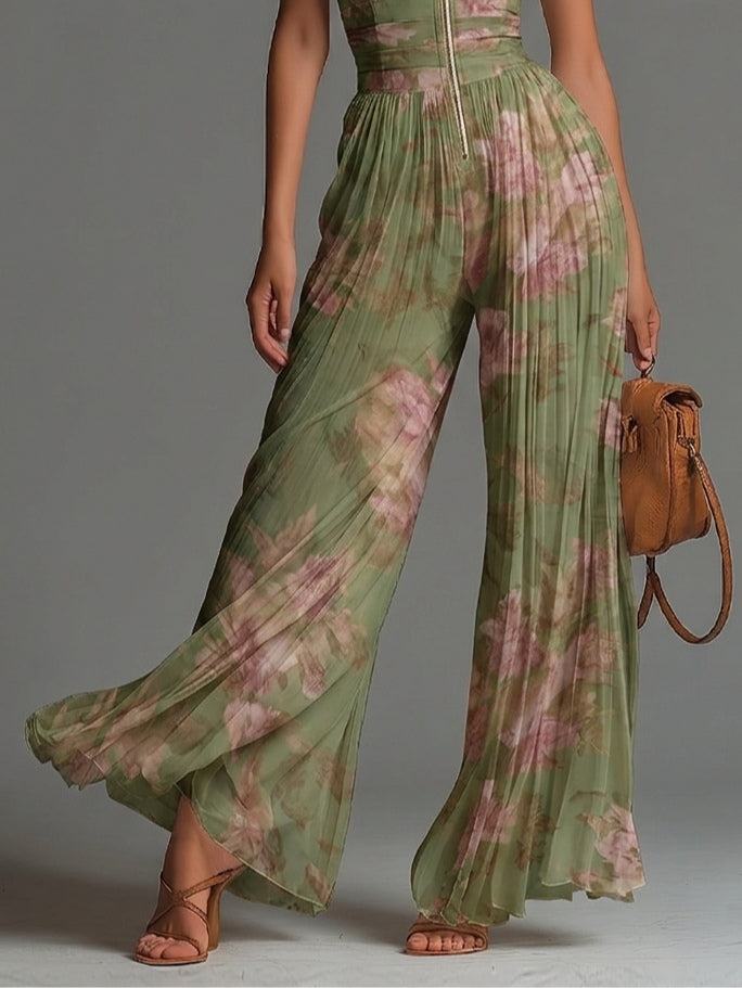 Combinaison Pantalon Large Plissée en Mousseline Verte à Imprimé Floral, Col en V Sans Manches avec Fermeture Éclair