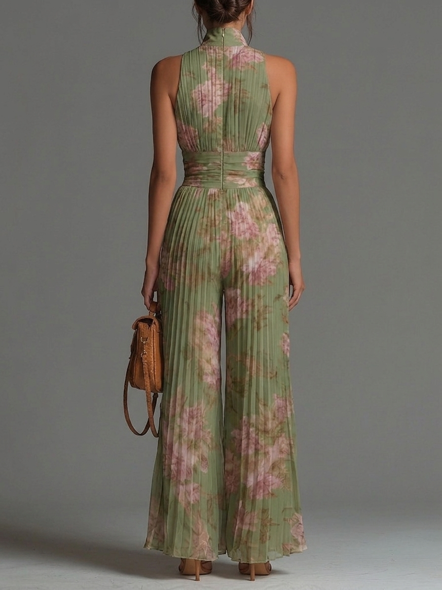 Combinaison Pantalon Large Plissée en Mousseline Verte à Imprimé Floral, Col en V Sans Manches avec Fermeture Éclair