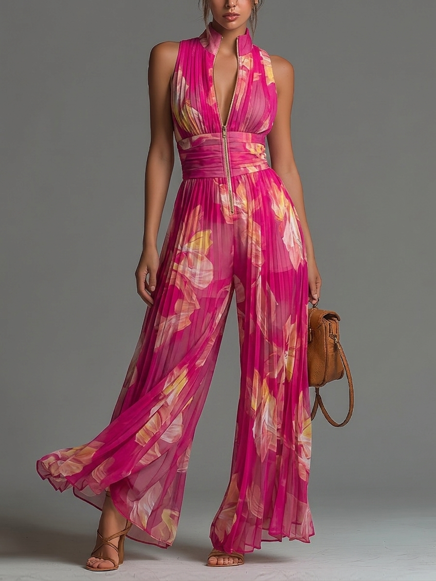 Combinaison Zsófia | Chiffon Plissé Fleuri Fuchsia • S1