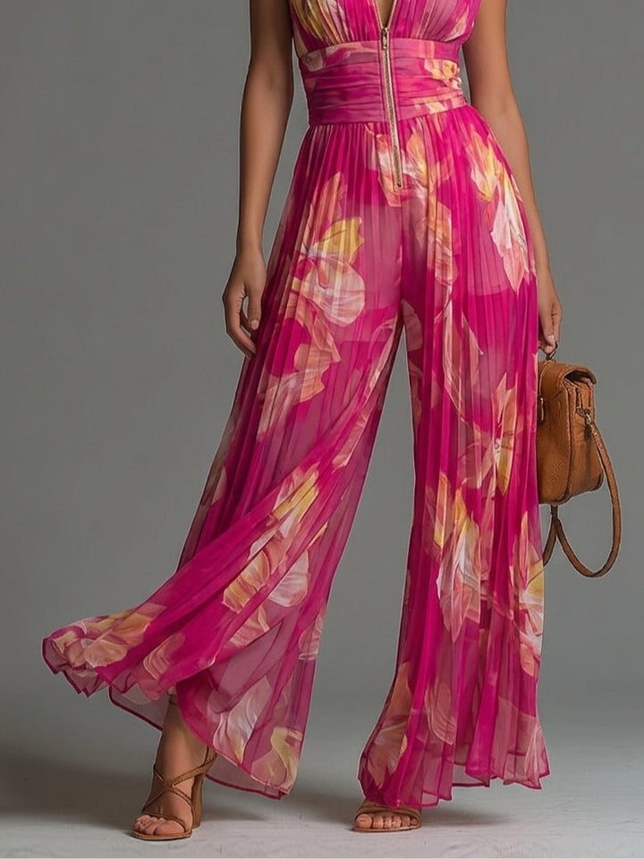 Combinaison Zsófia | Chiffon Plissé Fleuri Fuchsia • S1