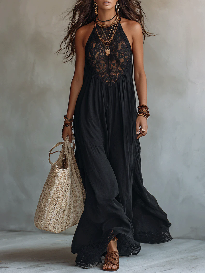 Robe Longue Bohème Noire Sans Manches, Bordée de Dentelle