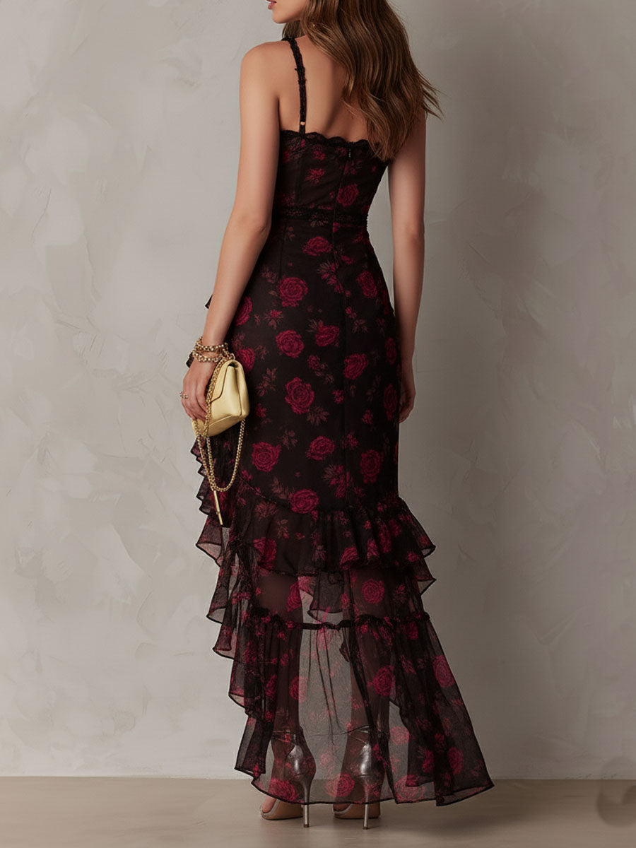 Robe Chic Fleurie Noire et Rouge, Froncée, à Ourlet Volanté
