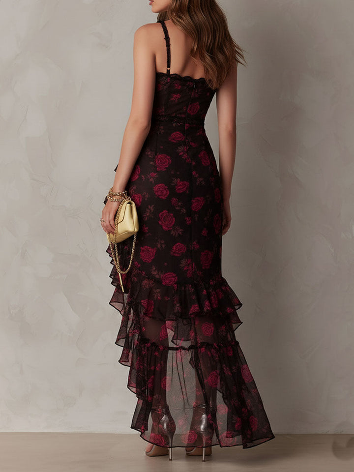 Robe Chic Fleurie Noire et Rouge, Froncée, à Ourlet Volanté