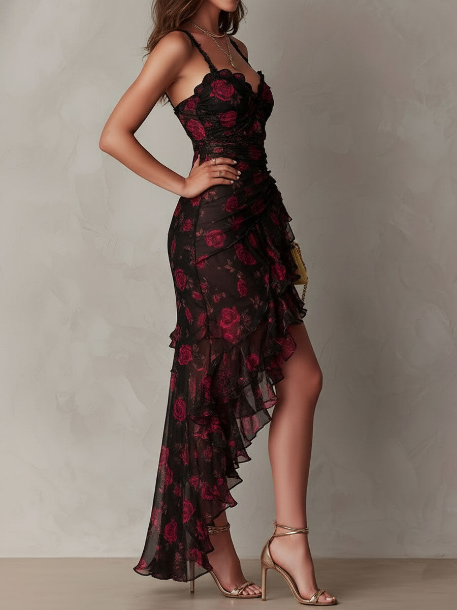 Robe Chic Fleurie Noire et Rouge, Froncée, à Ourlet Volanté
