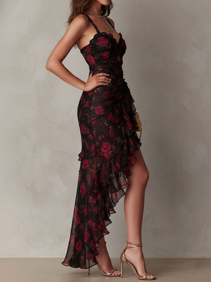 Robe Chic Fleurie Noire et Rouge, Froncée, à Ourlet Volanté