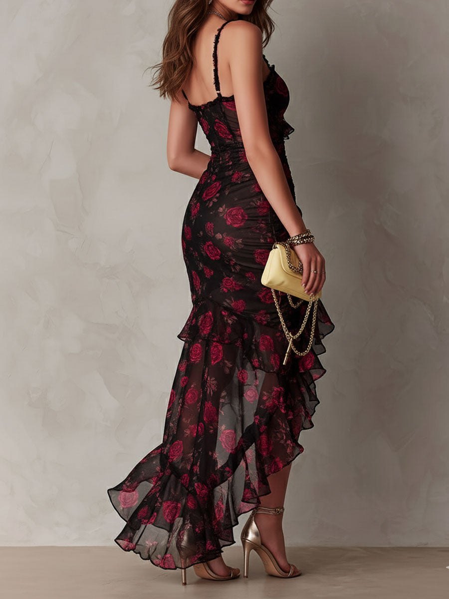 Robe Chic Fleurie Noire et Rouge, Froncée, à Ourlet Volanté