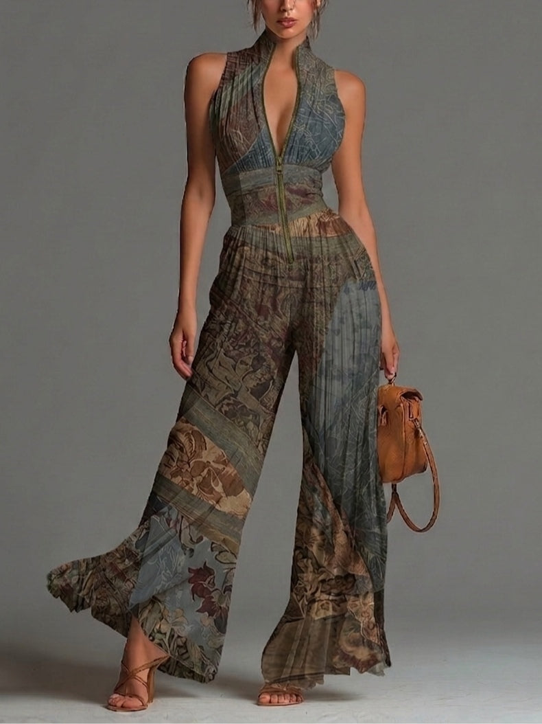 Combinaison Pantalon Large Plissée en Mousseline à Imprimé Ethnique Bohème, Sans Manches avec Fermeture Éclair