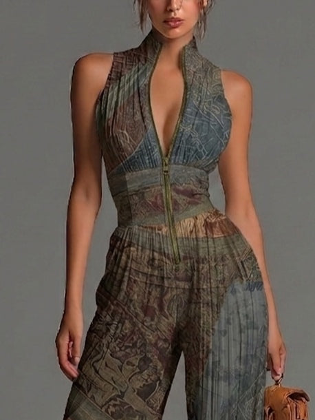 Combinaison Pantalon Large Plissée en Mousseline à Imprimé Ethnique Bohème, Sans Manches avec Fermeture Éclair
