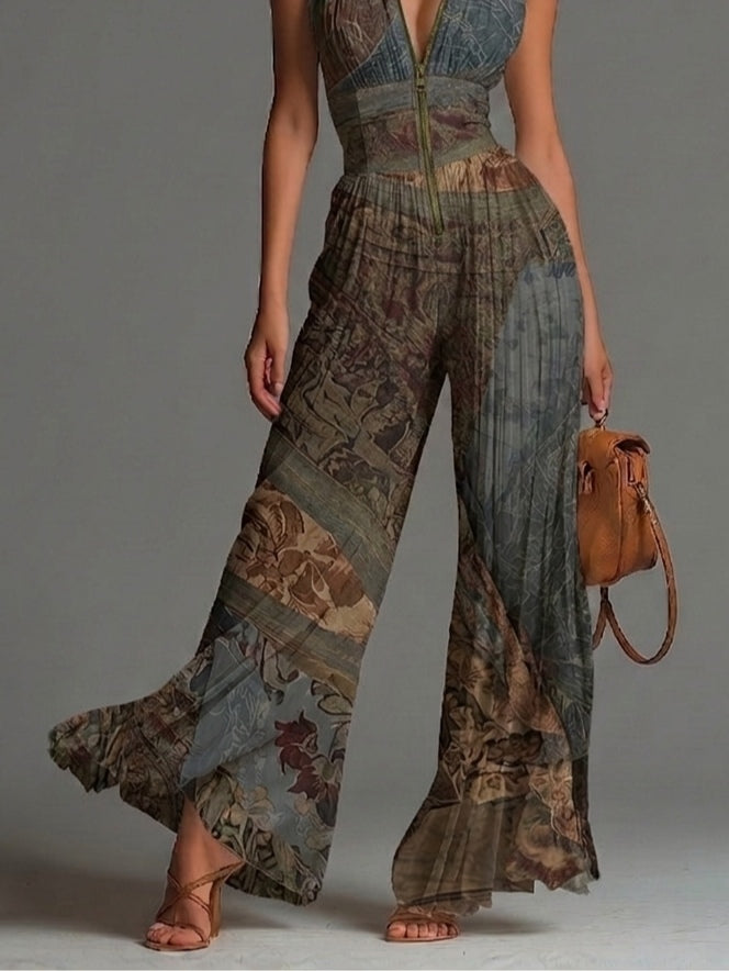 Combinaison Pantalon Large Plissée en Mousseline à Imprimé Ethnique Bohème, Sans Manches avec Fermeture Éclair