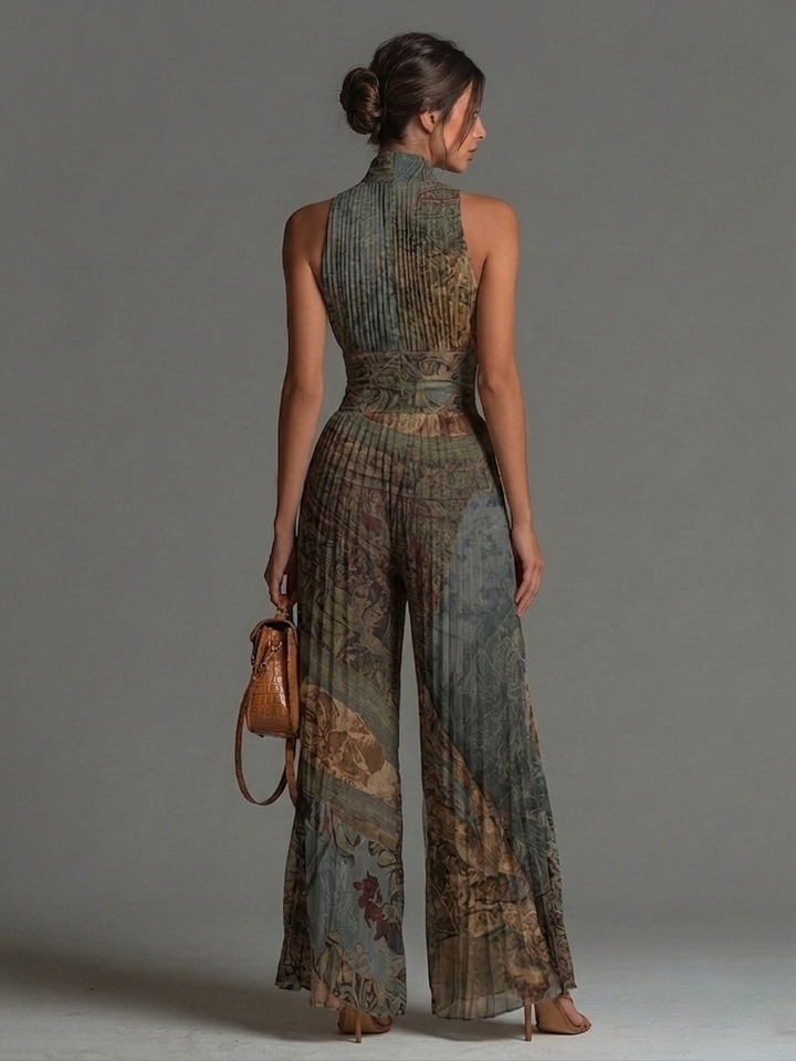 Combinaison Pantalon Large Plissée en Mousseline à Imprimé Ethnique Bohème, Sans Manches avec Fermeture Éclair