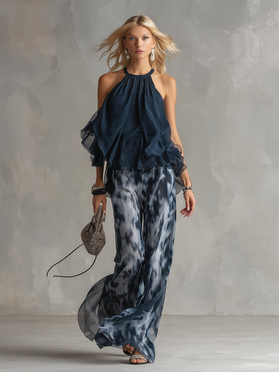 Ludovica | Ensemble Chic Haut Halter Bleu Marine et Pantalon Large Imprimé