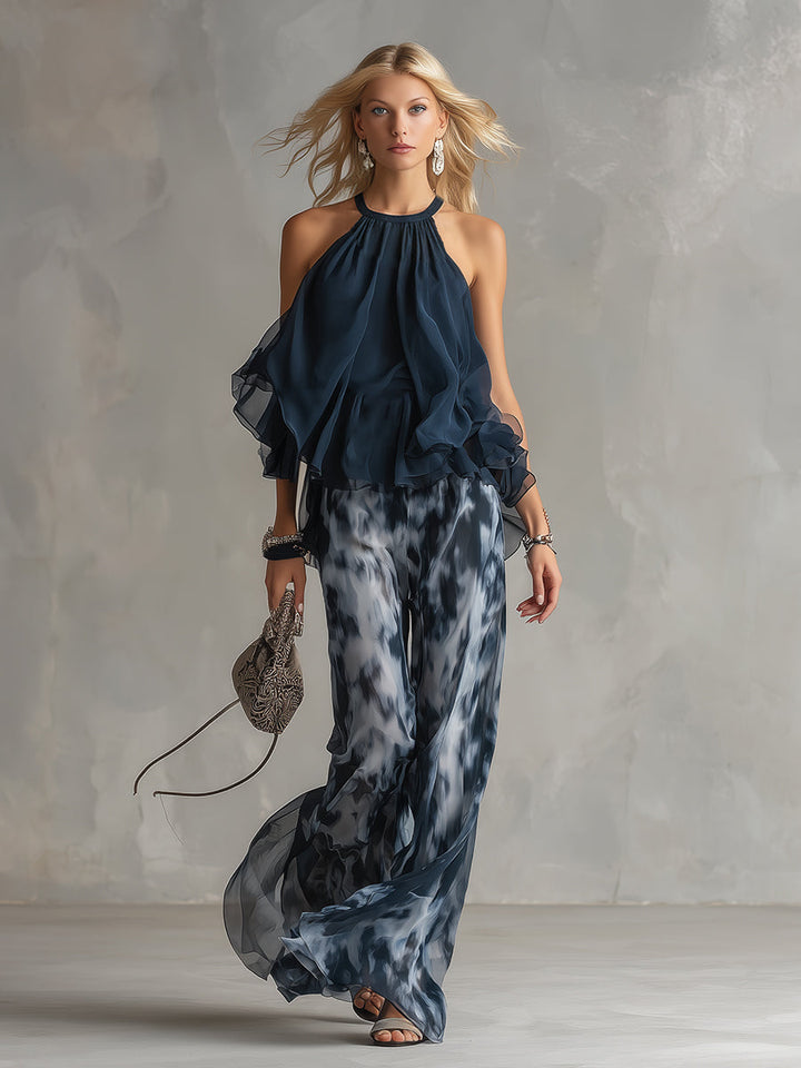 Ludovica | Ensemble Chic Haut Halter Bleu Marine et Pantalon Large Imprimé