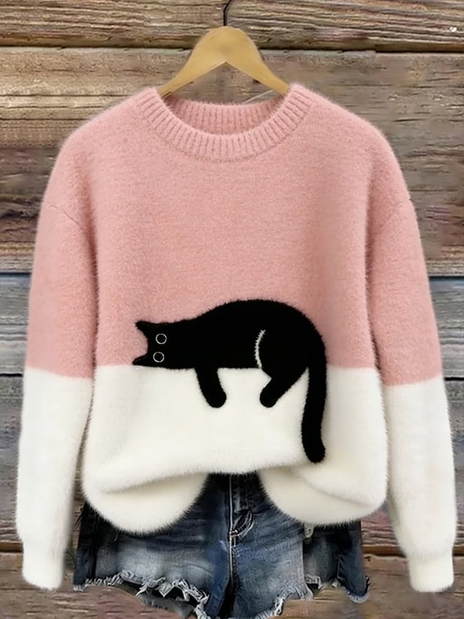 Camille | Pull Oversize Élégant Imprimé Chat