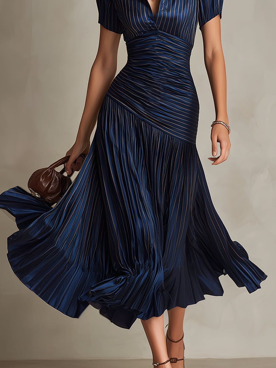 Adriana - Robe Midi en Satin Rayé Rétro
