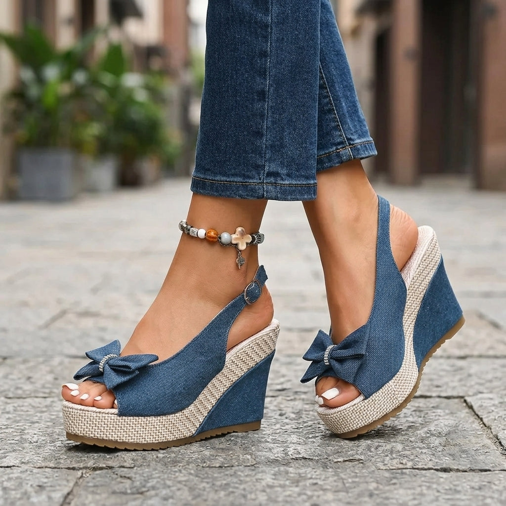 Anna Sandales Compensées en Denim