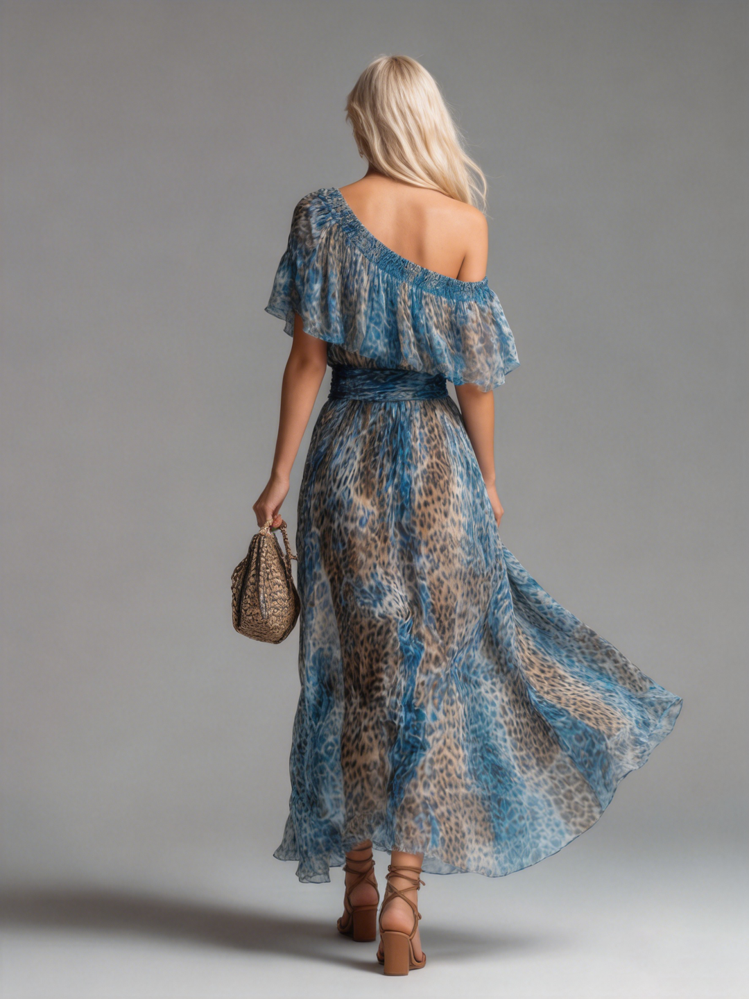 Wild - Robe Longue en Chiffon à Imprimé Léopard et Épaules Dénudées