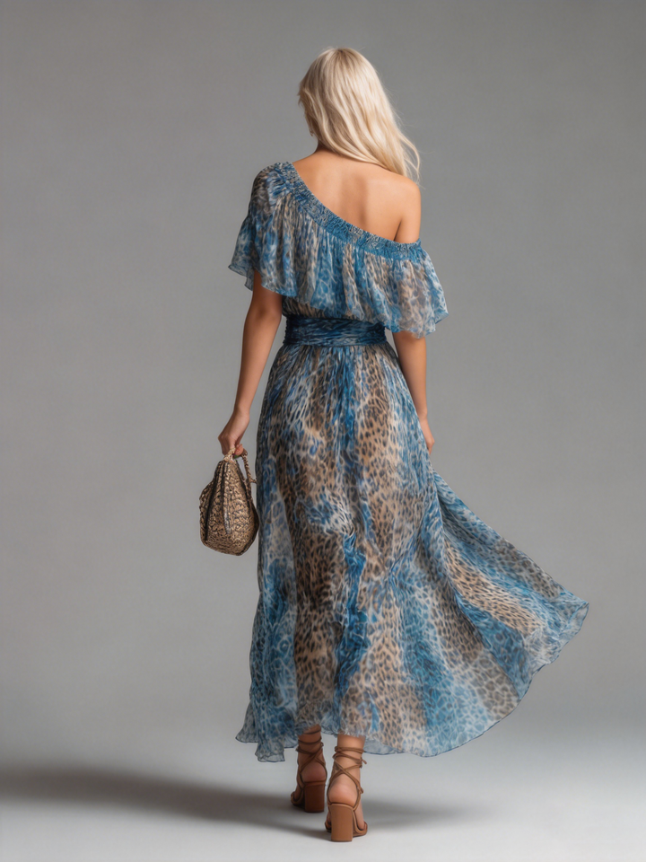 Wild - Robe Longue en Chiffon à Imprimé Léopard et Épaules Dénudées