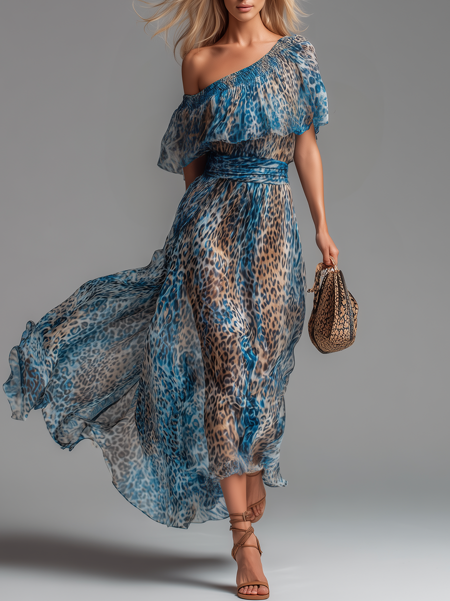 Wild - Robe Longue en Chiffon à Imprimé Léopard et Épaules Dénudées