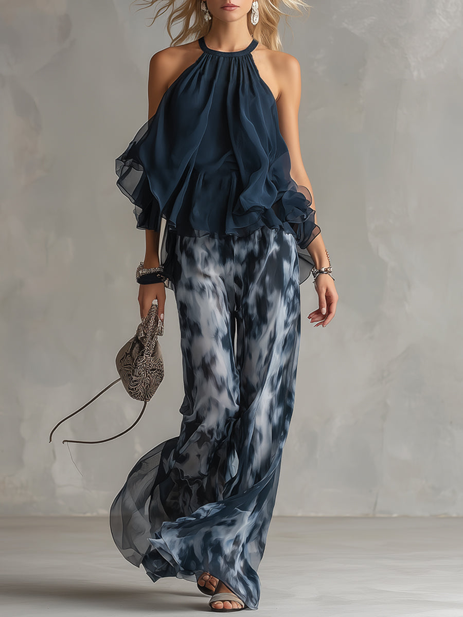 Ludovica | Ensemble Chic Haut Halter Bleu Marine et Pantalon Large Imprimé