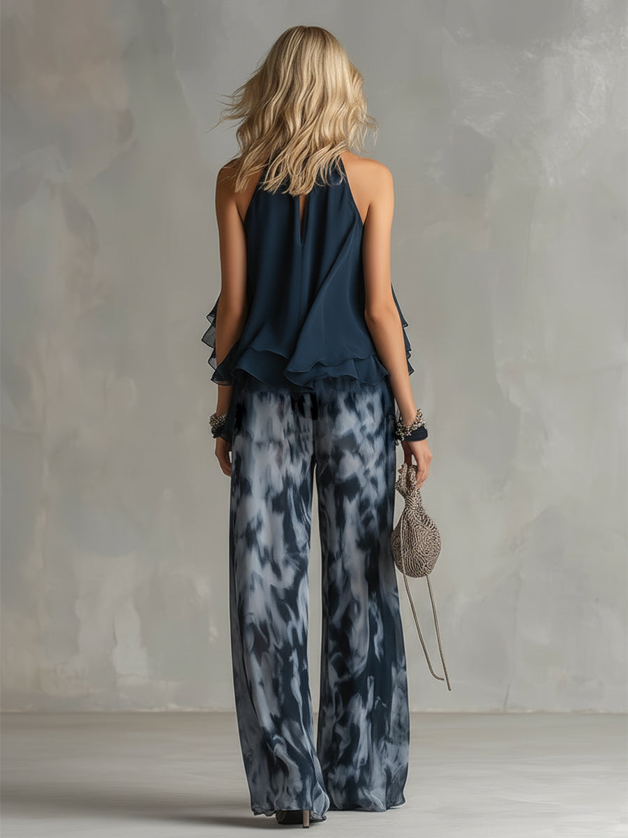 Ludovica | Ensemble Chic Haut Halter Bleu Marine et Pantalon Large Imprimé