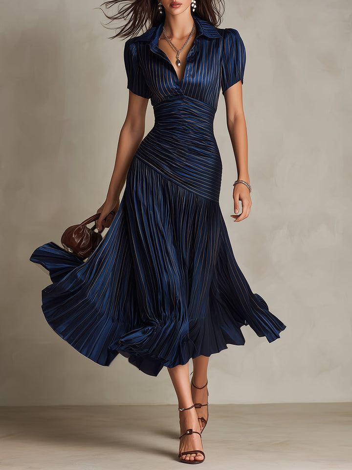Adriana - Robe Midi en Satin Rayé Rétro