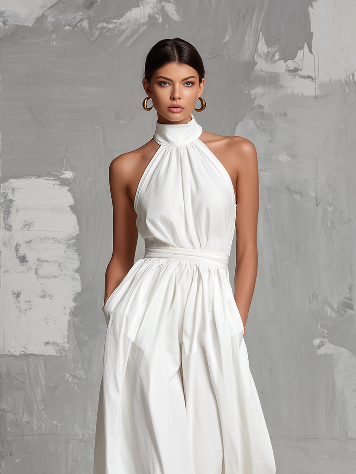 Zoltán | Combinaison Blanche Élégante en Tissu Tissé, Sans Manches, Col Halter • S1