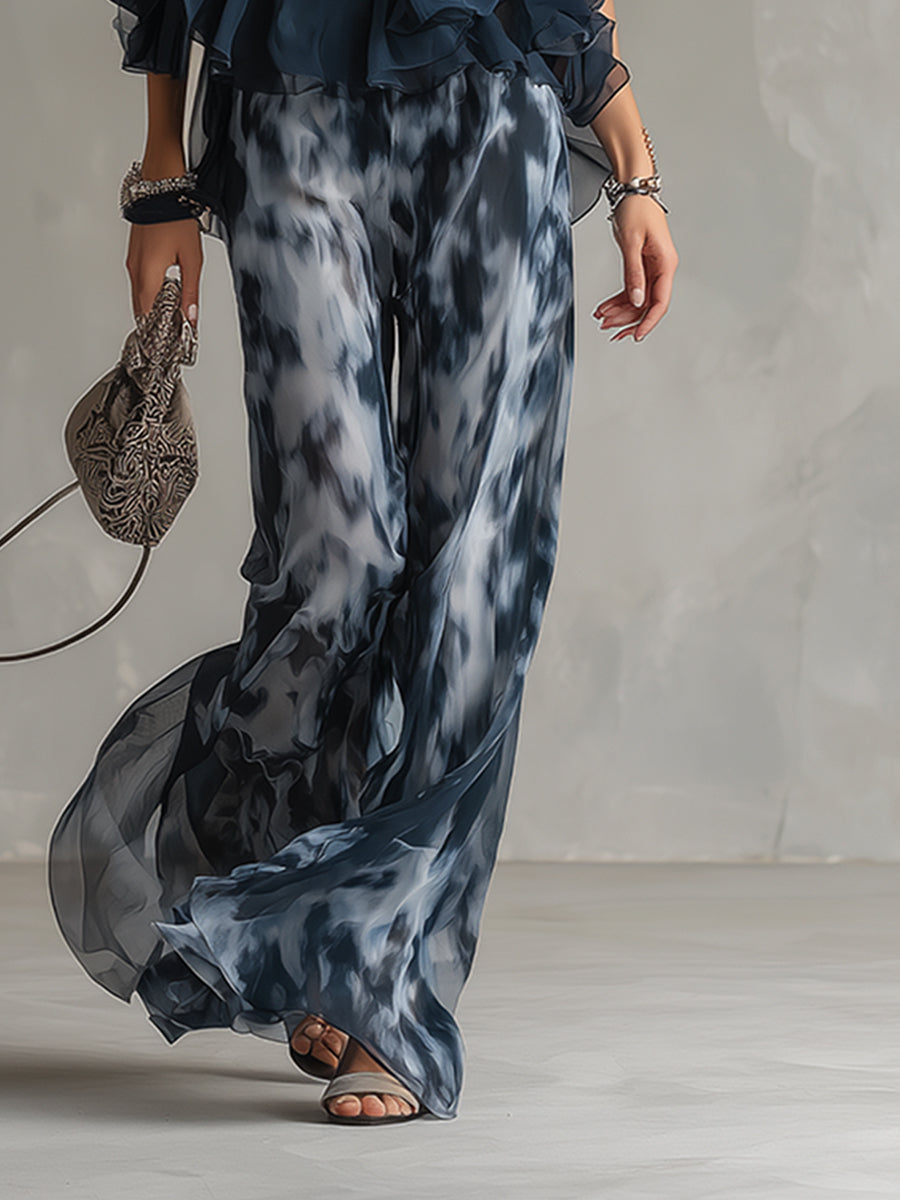 Ludovica | Ensemble Chic Haut Halter Bleu Marine et Pantalon Large Imprimé