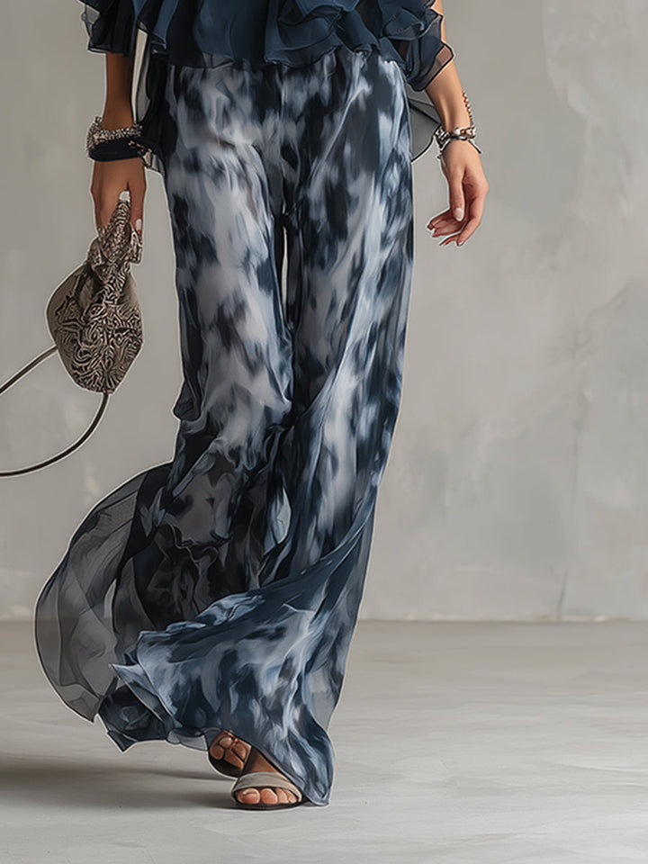 Ludovica | Ensemble Chic Haut Halter Bleu Marine et Pantalon Large Imprimé