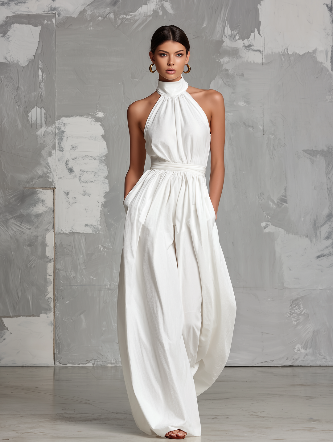 Zoltán | Combinaison Blanche Élégante en Tissu Tissé, Sans Manches, Col Halter • S1
