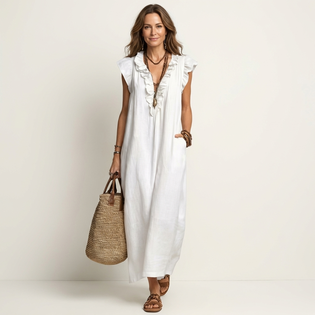 Josette | Robe Maxi en Lin à Volants et Col en V