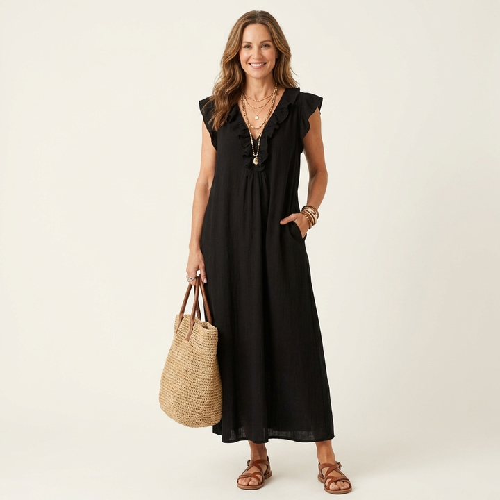 Josette | Robe Maxi en Lin à Volants et Col en V